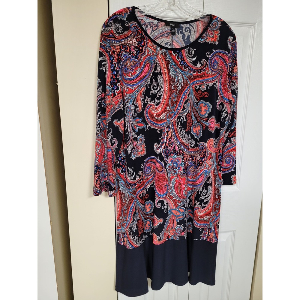 MSK Womens Paisley Long Sleeve Boho Sheath‎ Dress Navy/Red Crew Neck size XL
